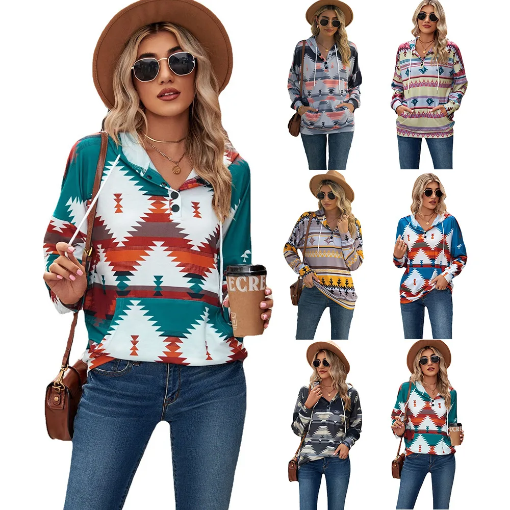 

2024 Spring Autumn Women's Sweatshirt Female Geometric Pattern Long Sleeved Tops Women's Casual Hooded Pullovers With Pocket