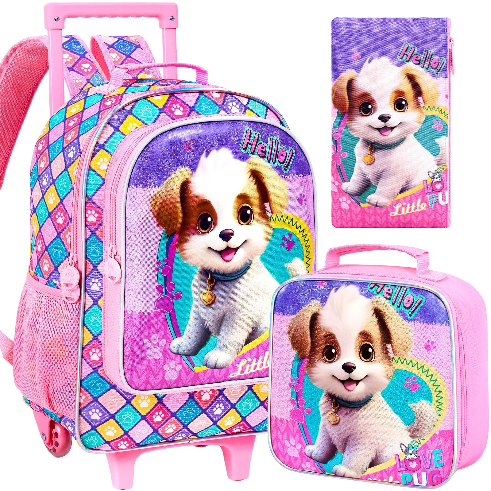 

4PCS Rolling Backpack for Girls, Kids Roller Wheels School Bookbag with Lunch Bag, Wheeled School Bag for Toddler Elementary Ch