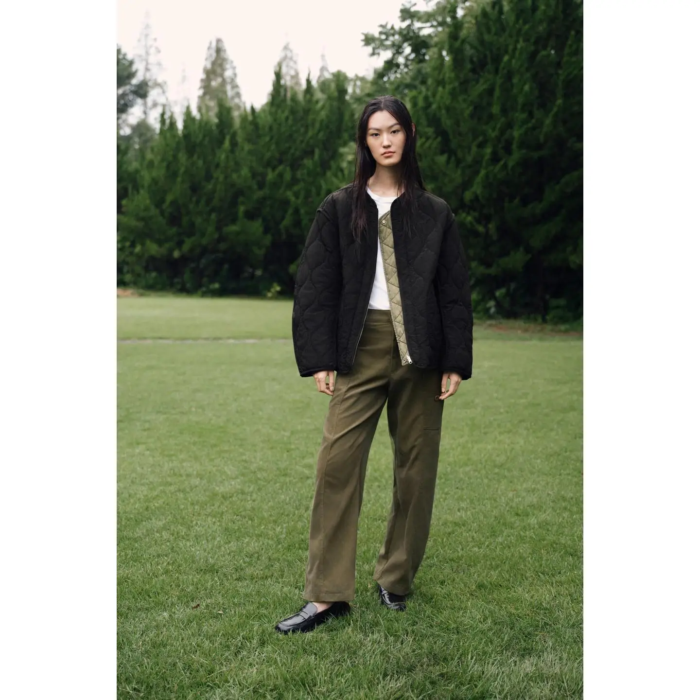 양면 착용 가능한 면 재킷 라운드 넥 긴 소매 패치워크 원단 초가을 스트리트 스타일 루즈핏 지퍼 클로저