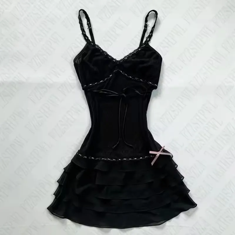 Vestidos femeninos dulces de encaje liso Harajuku, vestido elegante con tirantes de manga corta y tirantes en la cintura, ropa de retazos con lazo Kawaii japonés