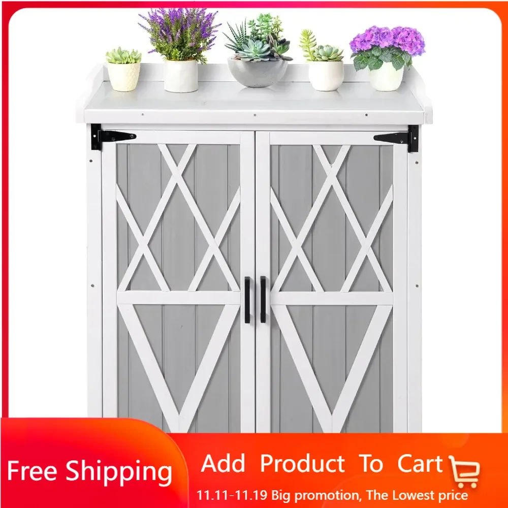 Potting Bench Outdoor Cabinet with Metal Tabletop, Wooden Storage Cabinets Weatherproof for Outside