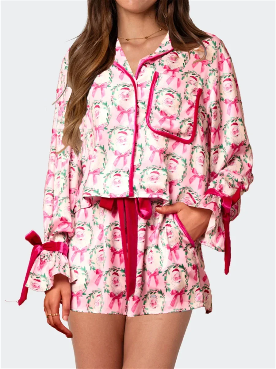 

2025 Christmas Pajamas for Women Bow Tie Long Sleeve Shirt Shorts Satin Silk Funny Graphic 2 Piece Pjs Set Sleepwear