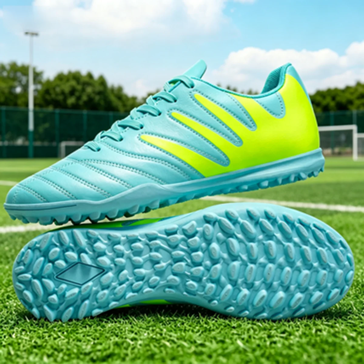 TF Turf Soccer Shoes Mixed PU Fabric Upper Rubber Outsole Strong Traction Wearproof Unisex Men Women Teenager Sports Footwear