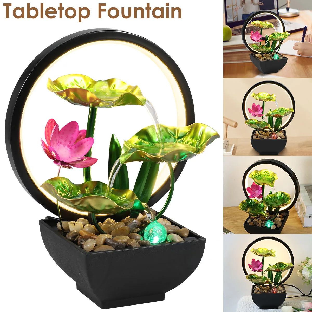 Tabletop Fountain 3-Tiers Lotus Leaf Small Waterfall Fountains Indoor Water Fountain with Rocks and LED Ring Lights Desktop