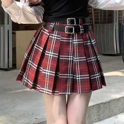 Dual-Belt Plaid Pleated Mini Skirt High Waist Boxy Tartan Skirt Women Teengirl Preppy 90s Y2K Aesthetic Spring Summer Outfit