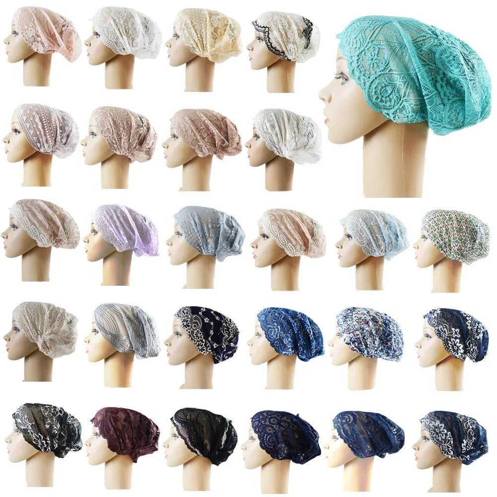 Women Hat Muslim Hijab Floral Lace Stretch Turban Cap Islam Arab Beanies Chemo Hat Headwear Hijab Ramadan Inner Cap Underscarf