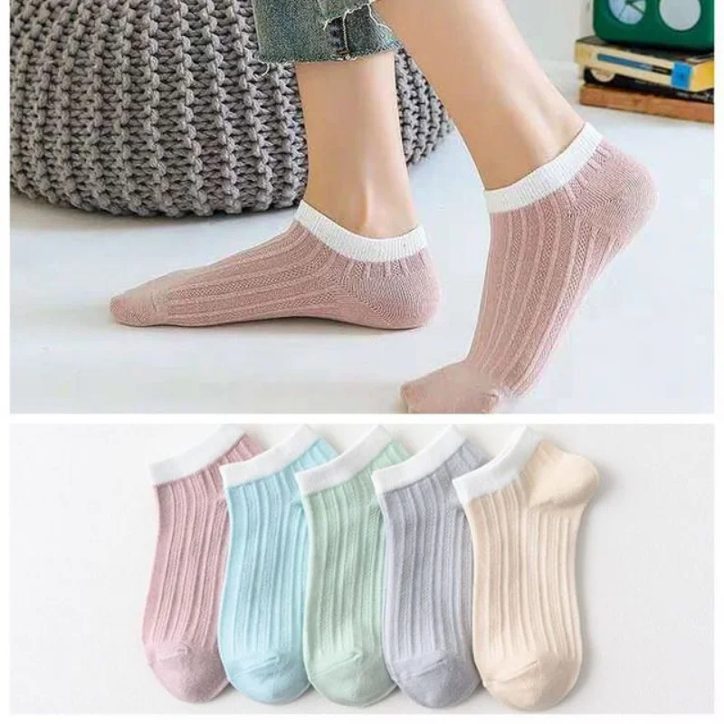 5 Pairs/Pack Woman Polyester Ankle Invisible Socks Embroidery Novelty Cute Breathable Boat Short Sock Chausette Calcetines Mujer