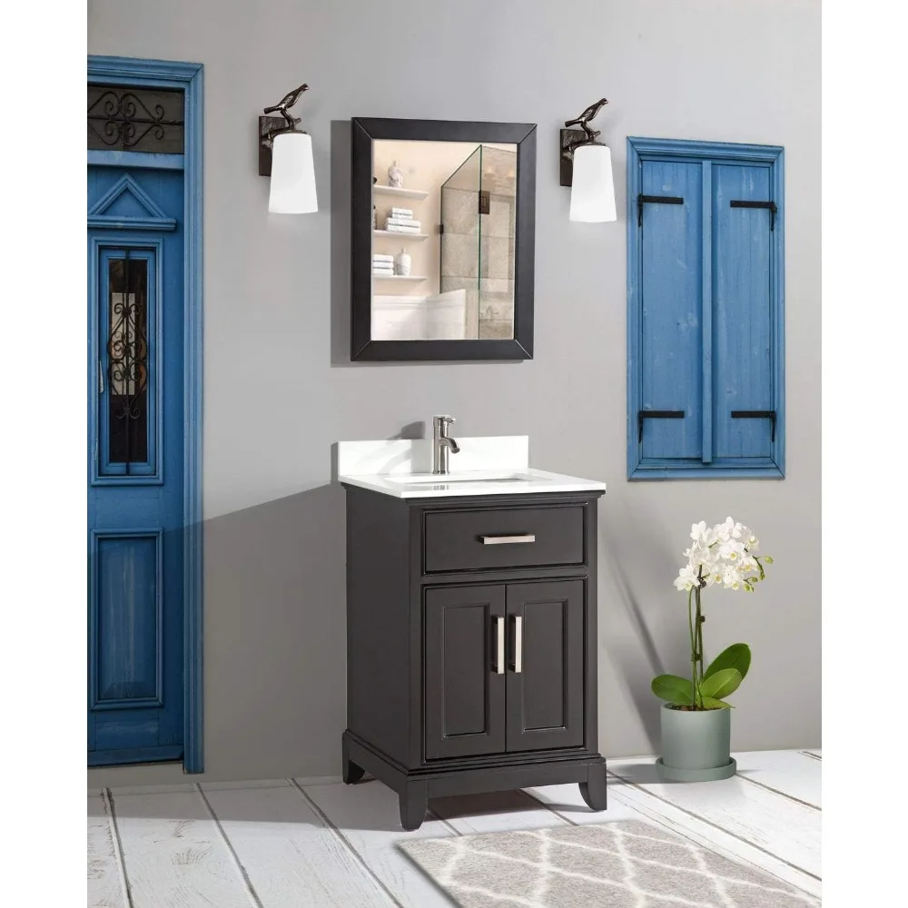 30Inch Bathroom Vanity with Sink and Mirror,Marble Stone top Bathroom Organizer Cabinet with Dovetailed Drawer,Soft Closing Door