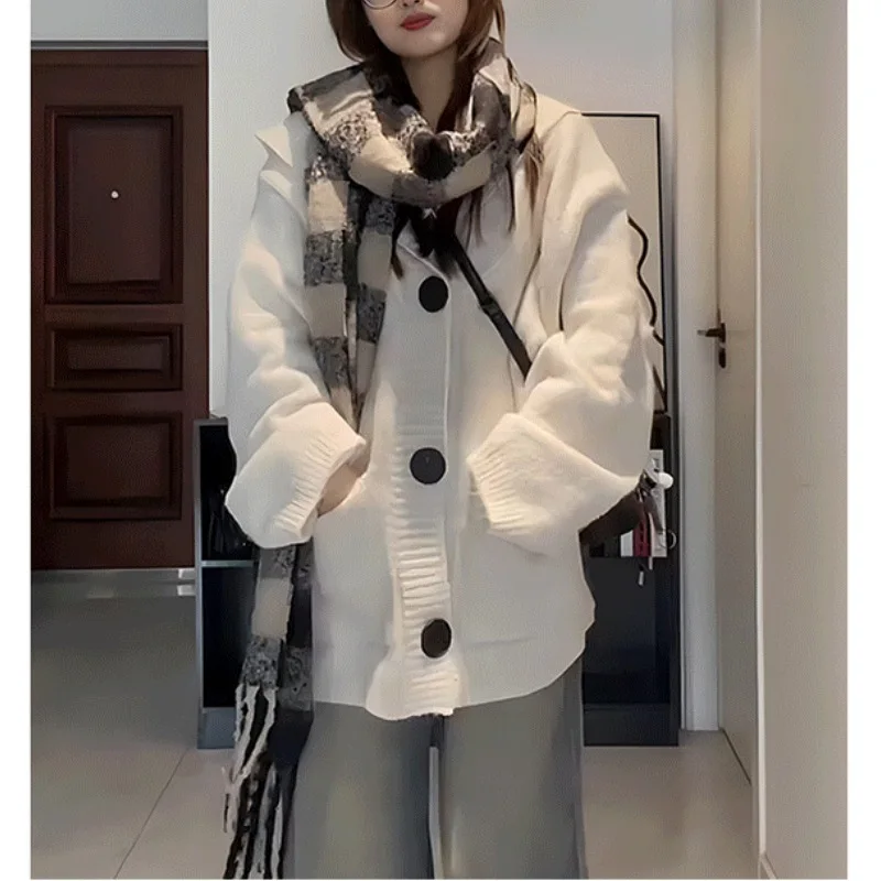 

Korean Loose Lazy Sle Hooded Knitted Open Cardigan Women's Autumn Winter Mid-Length Thiened with kets Sweater Large Ou...