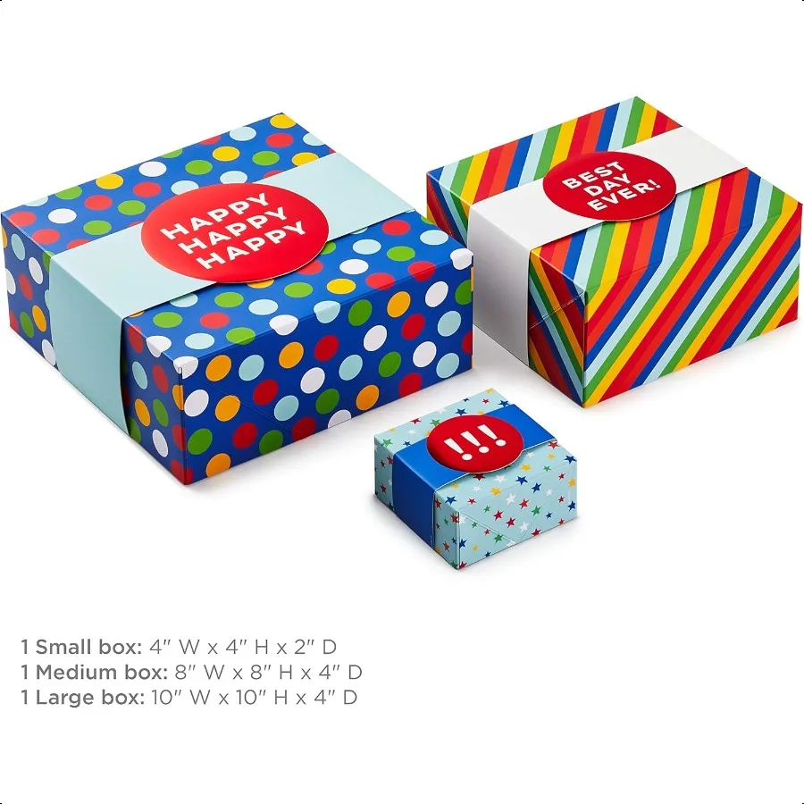 Geschenkboxen, 3er-Pack, verschiedene Größen, Regenbogenstreifen, Punkte, Sterne