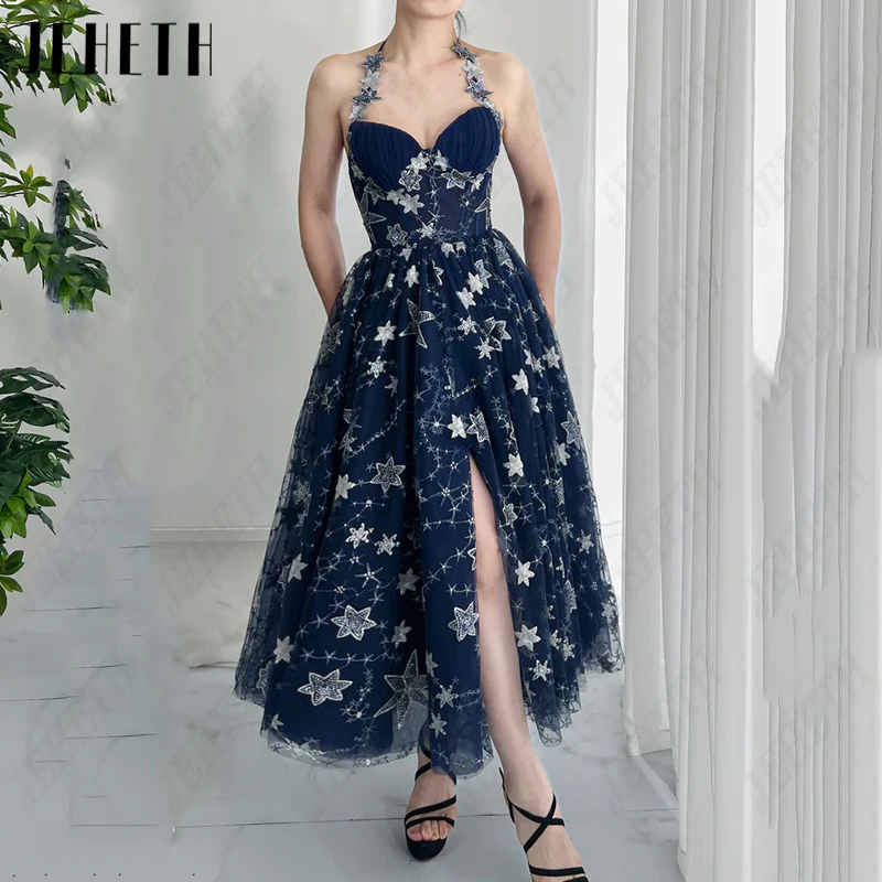 

JEHETH Navy Blue Starry Prom Dresses For Women Tulle Halter Party Sweetheart Elegant Gown Backless Vestidos De Fiesta Side Split