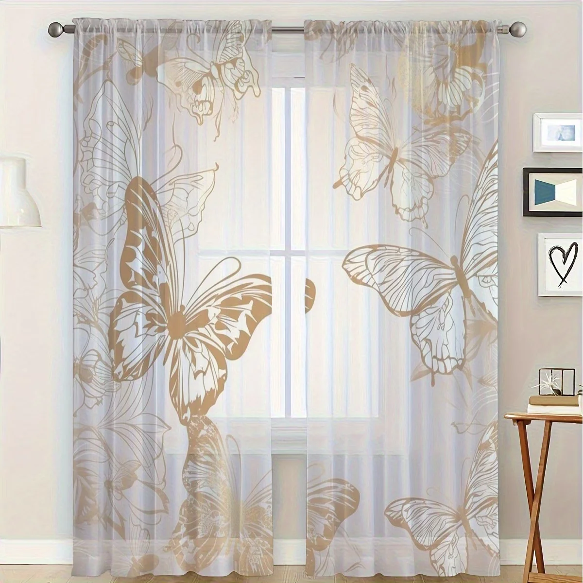 2PCS Digital Printed Sheer Curtain, Light Golden Butterfly Print, Elegant Luxe Nature for Living Room Bedroom Home Decor