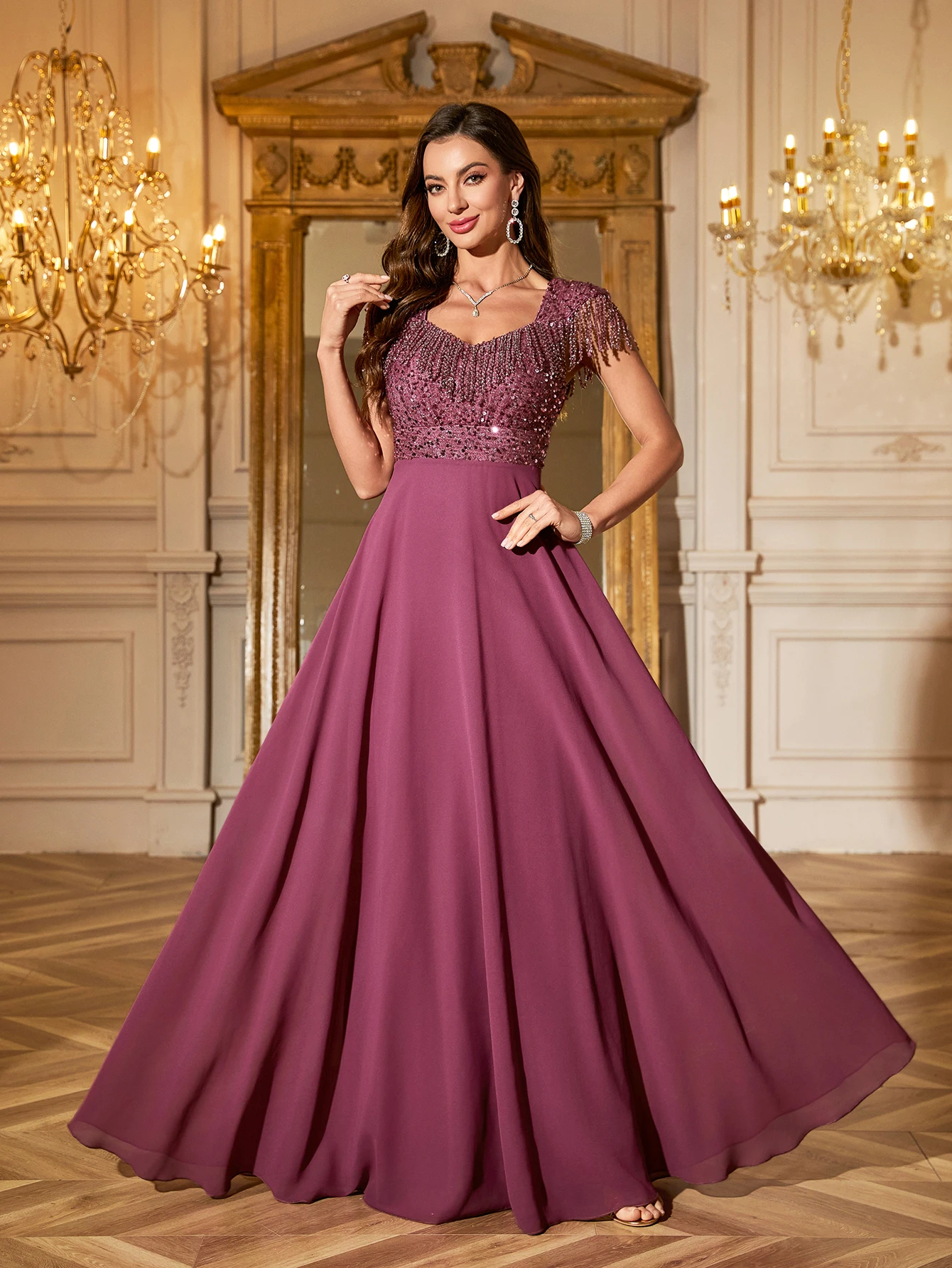 فستان وصيفة العروس للسيدات من UNITHORSE بخط عنق ماسي وأكمام شرابة مطرزة، فستان شيفون بخصر مطرز بالترتر بلون سادة