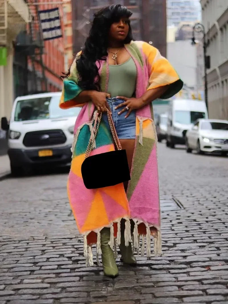 GUWU الخريف الشتاء محبوك سترة سترة عباءة الرأس النساء ملابس خارجية المرقعة شرابة هيم المفتوحة غرزة فضفاضة القوطية معاطف