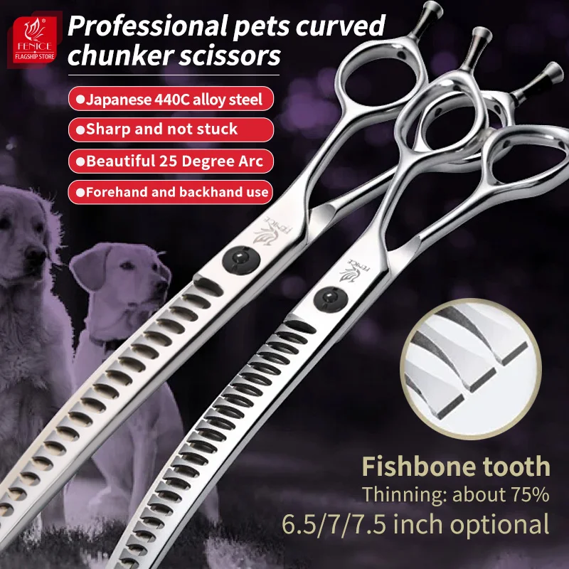 Fenice Professional 6.5/7.0/7.5 Inch Pet Grooming Curved Thinning Shears Chunker Scissors Curved Fishbone Shears 75% Thinning