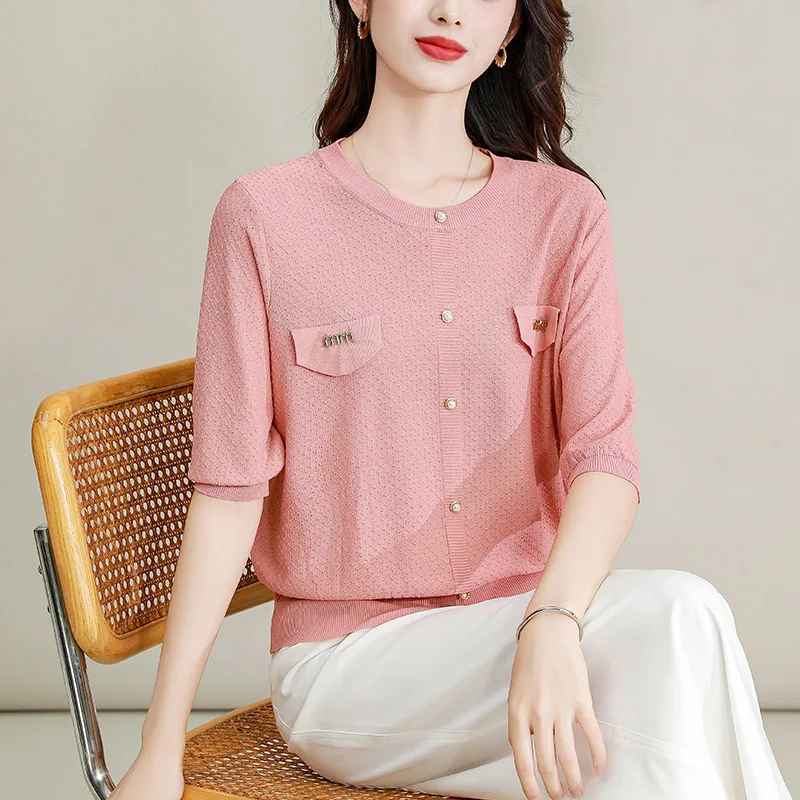 Women Clothing Elegant Fashion Fake Pocket O-neck Sweaters Summer French Solid Button Short Sleeve Pullovers Loose Thin Tops