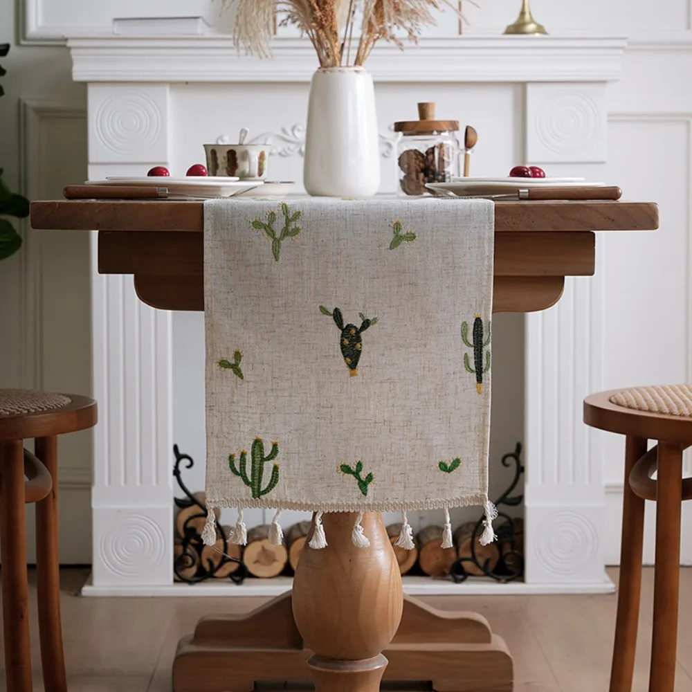 Rustic Style Linen Embroidery Table Runner Flower/Cactus Pattern Long Strip TV Cabinet Cover Decorative with Tassel Table Cloth