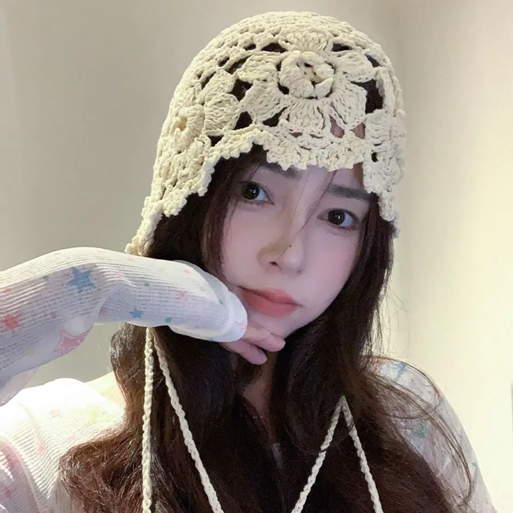 Breathable Handmade Knitted Hat Hollow Flower Crochet Beret Cap Fringed Versatile Skullies Hat for Women