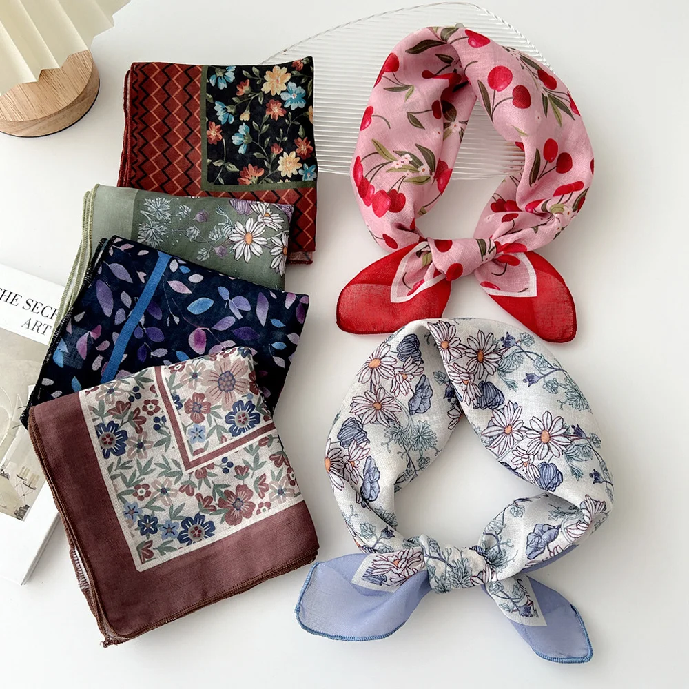 55x55cm Linen Cotton Square Scarf Thin Women Small Shawls Flower Floral Head Neck Scarves Headband Neckerchief Headband 1PCS