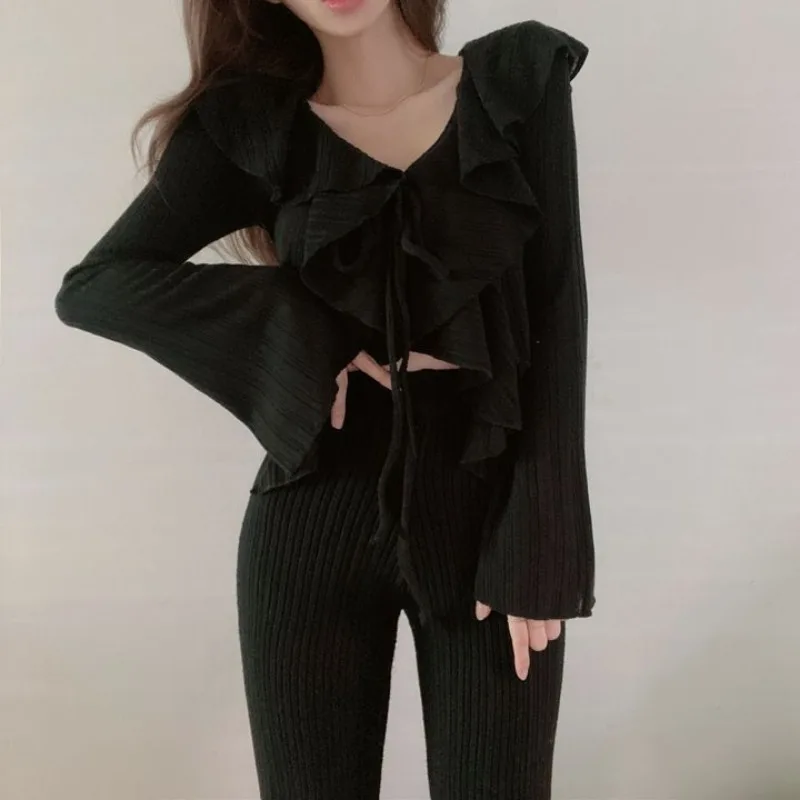 QWEEK Korean Style Chic Casual Lace Up Blouse Woman Elegant and Youthful Cropped Short Shirts Flare Sleeve Clothing Autumn 2024