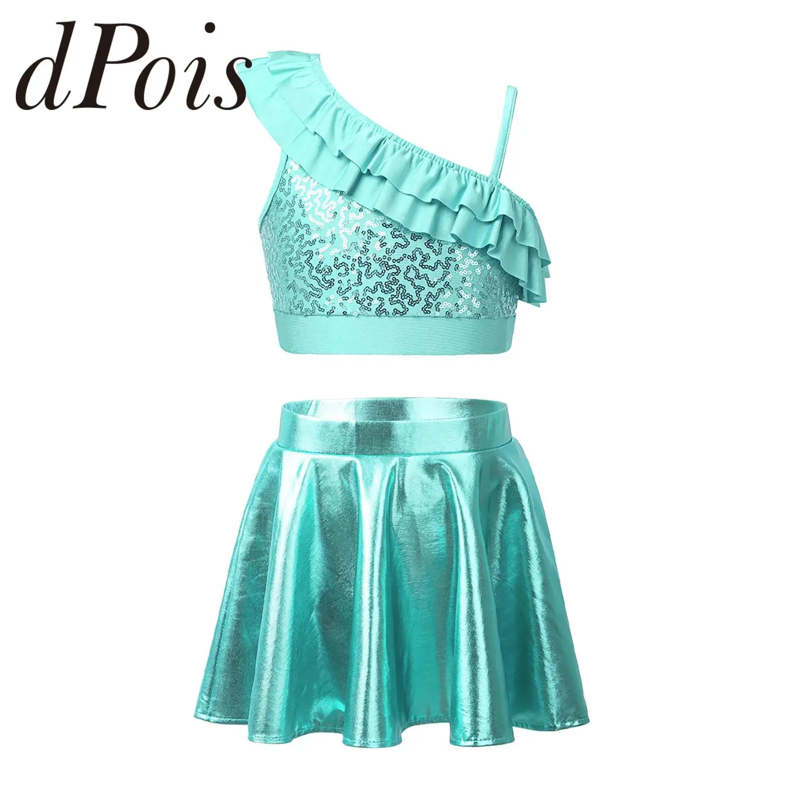 

Kids Girls Dance Outfit Performance Costume Two-Piece Teens Dancewear Sets Sleeveless Sequin Crop Top with Metallic Skorts Skirt