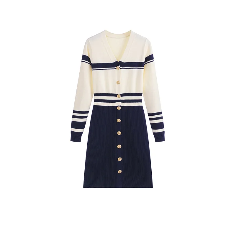 Women's Blue and White Color blocked Knitted Dress 2025 New Spring and Autumn Small Fragrant Style A-line Sweater Skirt