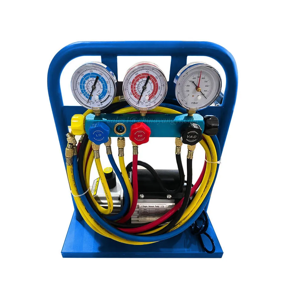 Air Conditioning Refrigerant Charging Recovery Station Set Dual Stage Vacuum Pump 2CFM 5 Valve Manifold Gauge Vacuum meter