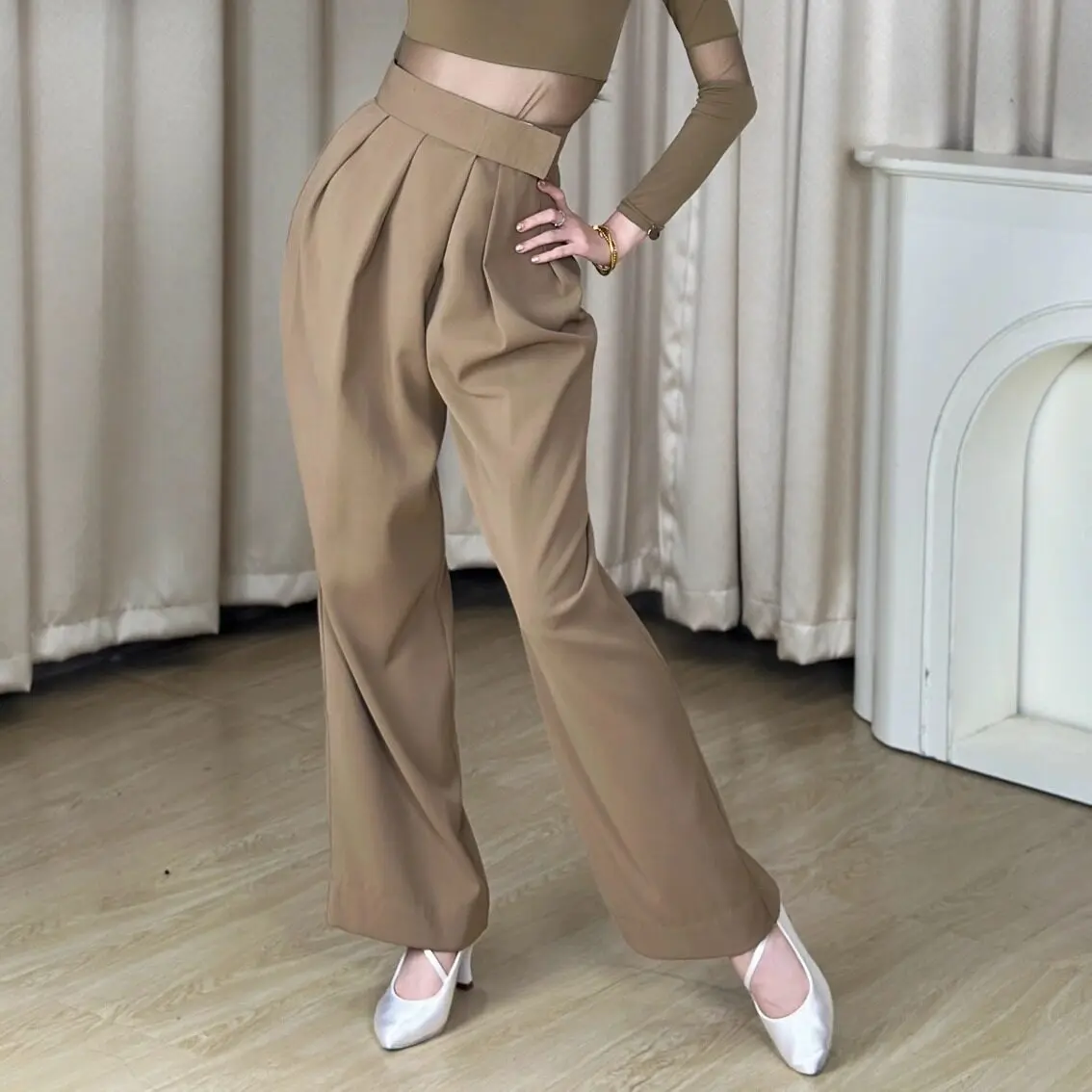 National Standard Dance Pants For Women Rumba Chacha Waltz Latin Dance Pants Adult High Waisted Modern Practice Pants XH5167