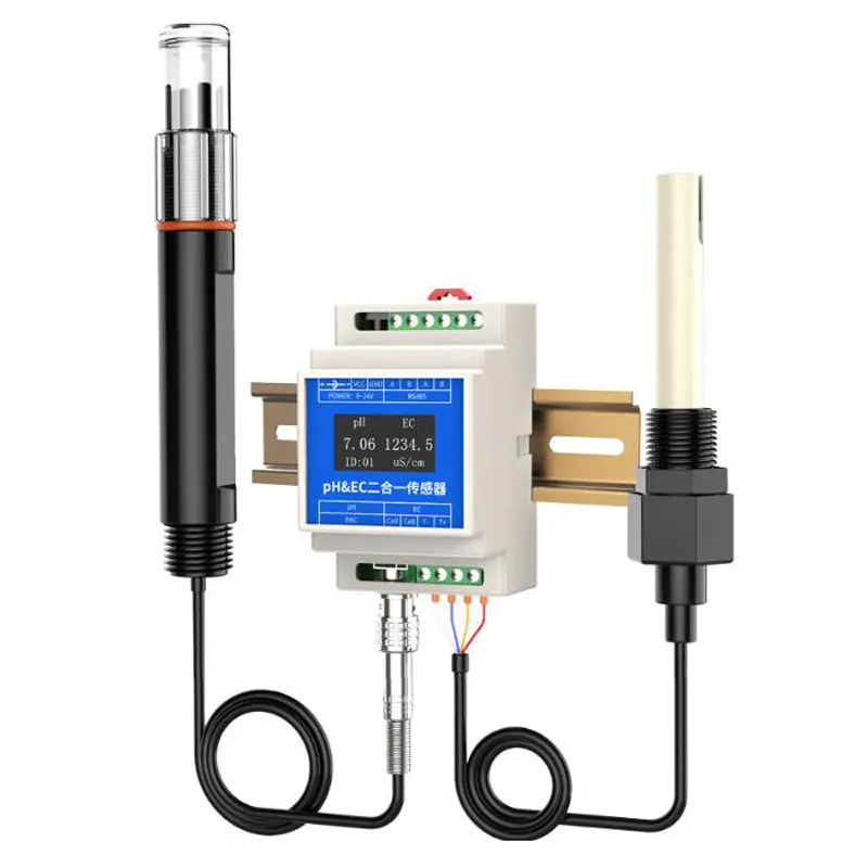 pH and EC transmitter 2-CH 2 in 1 pH conductivity analyzer probe Rail mounted RS485 Modbus RTU aquaculture industrial inline