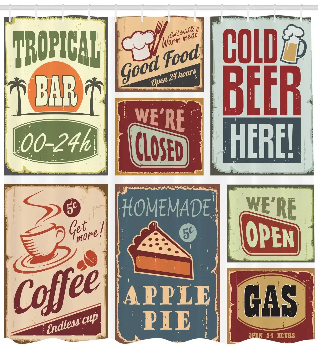 Vintage Style Signs Advertising Beverage Coffee Drink Aged Glass Tropical Shower Curtain Burgundy Ivory