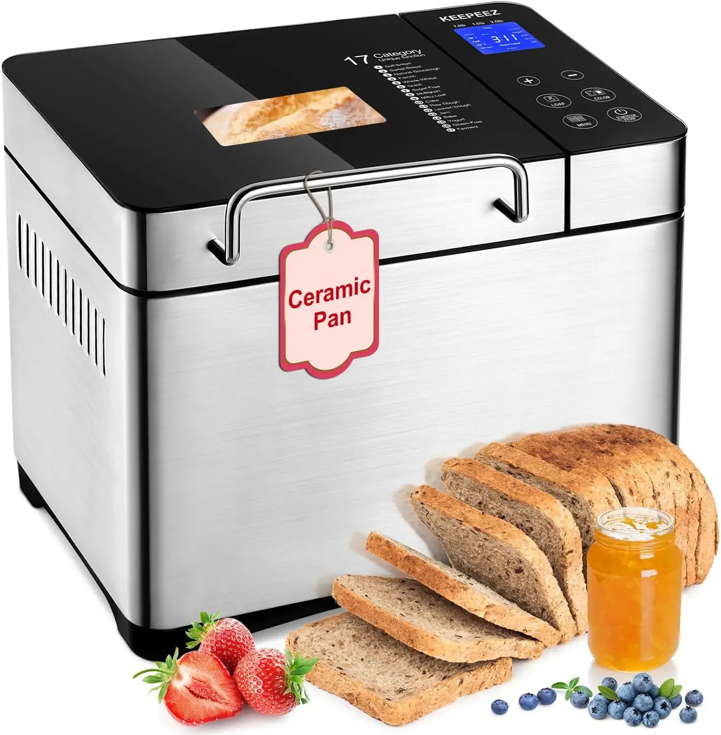 Bread Maker Machine, 2LB Premium Stainless Steel Bread Maker, 17-in-1 with Gluten Free, Jam, Yogurt, Dough, Auto Nut Dispenser