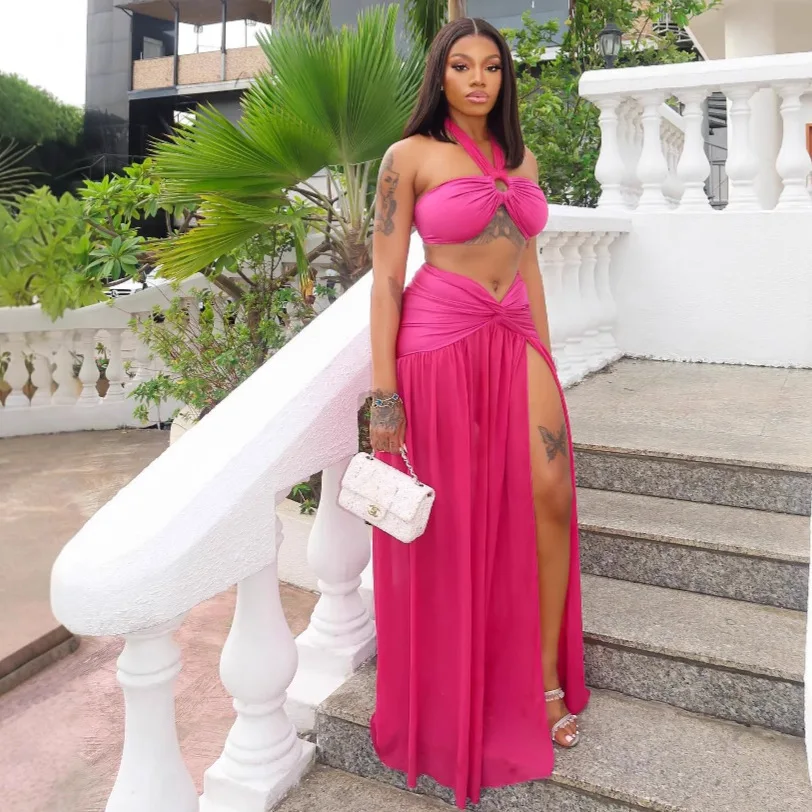 

Women's Hot Sexy Halter Neck Tube Top With Waist-High Split Skirt two- Piece Beachwear Hot Sexy Maxi Skirt and Top Set for Women