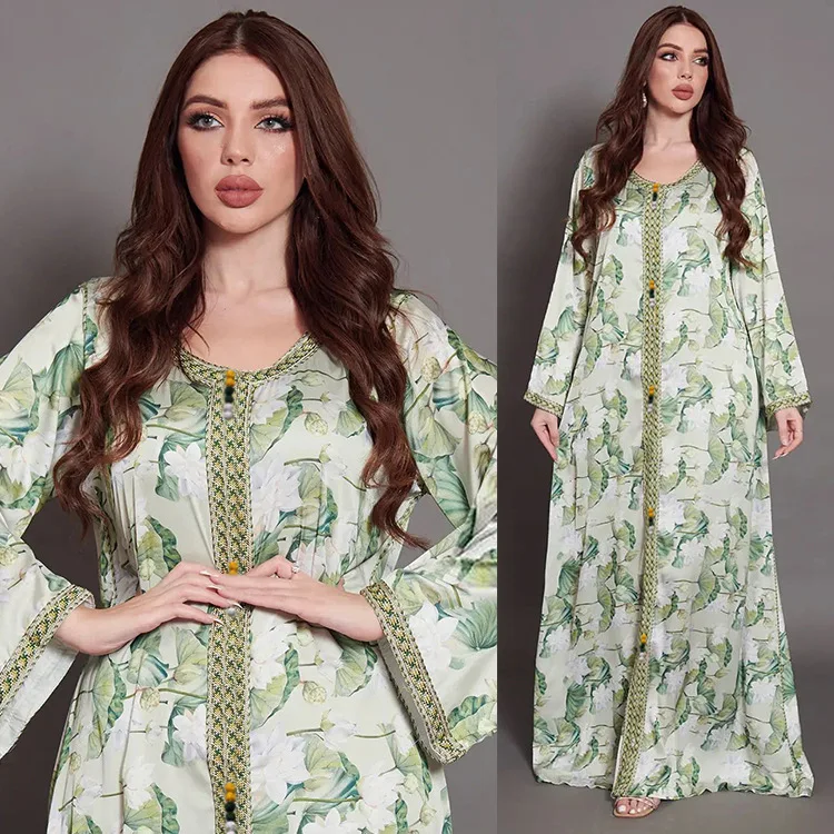 

Eid Middle East Women Printed Long Dress Abaya Muslim Jalabiya Ramadan Dresses Women Long Skirt Prom Islam Caftan