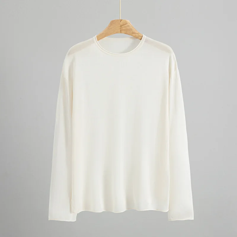 

Minimalist Fine Silk and Wool Natural Rolled Hem Round Neck Loose Long Sleeve Knitted Tops for Women