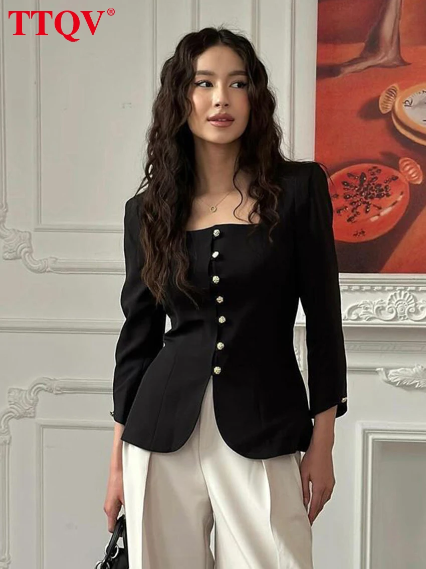 

TTQV черная офисная женская рубашка Bodycon, модные рубашки с квадратным воротником и длинными рукавами, элегантные классические однотонные топы, женская одежда