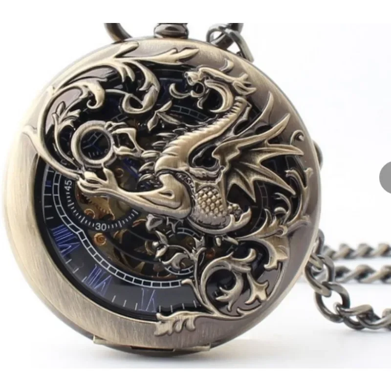 Retro personality hand-operated mechanical pocket watch with half hollow dragon pattern