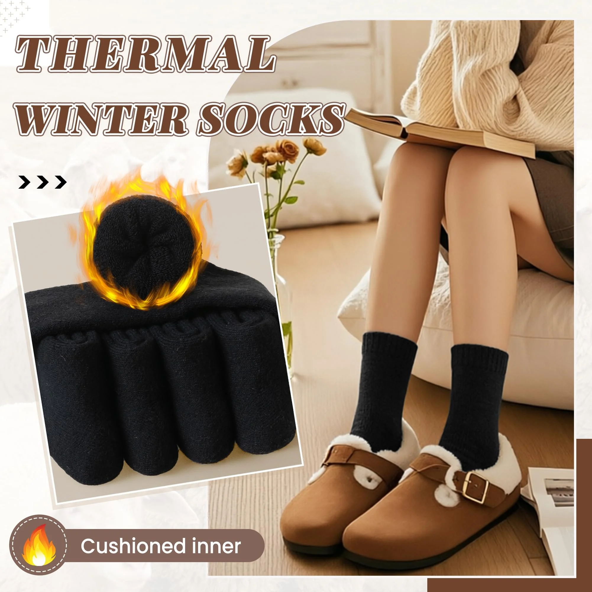 5 Pairs Ladies Basic Solid Black Wool Warm Socks Thick Thermal Comfortable Casual Mid Tube Socks Autumn Winter Accessory