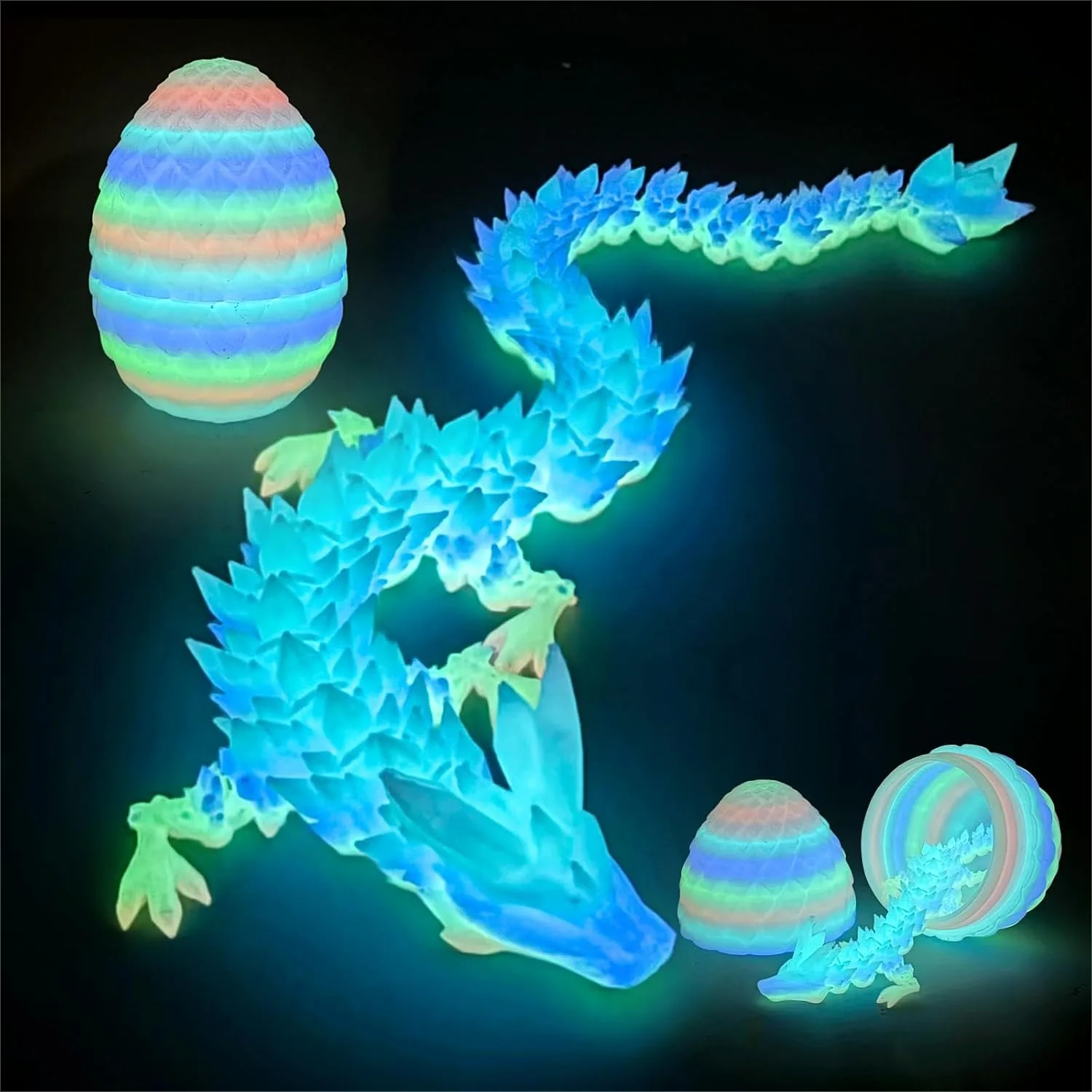 

3D Printed Dragon Egg with Glow Rainbow Crystal Dragon - 12" Flexible Desk Pet Fidget Toy, Stress Relief, Gift for Kids Teens