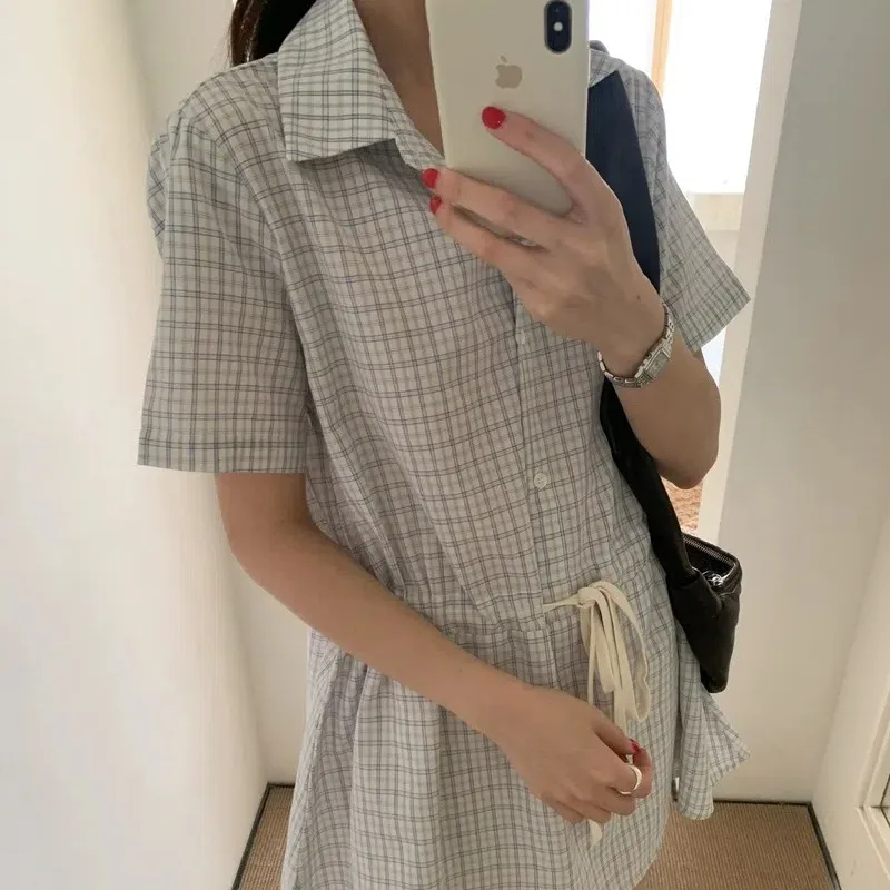 Estilo preppy curto xadrez camisa vestido feminino verão cordão cintura mini vestidos meninas vestido de verão feminino roupas 2025