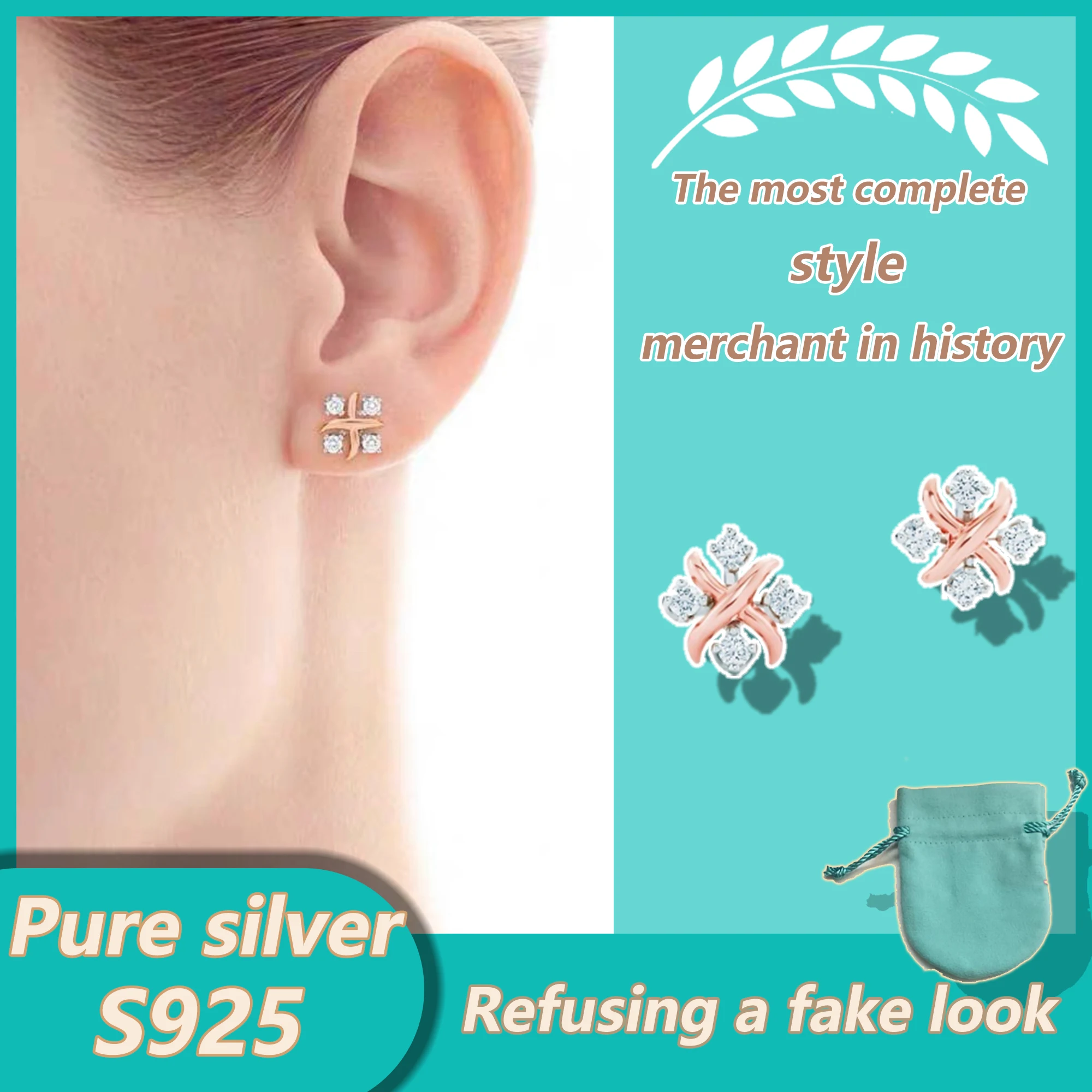 

High end cross set diamond earrings in pure silver S925, personalized temperament, niche earrings in the Sixteen Stone series