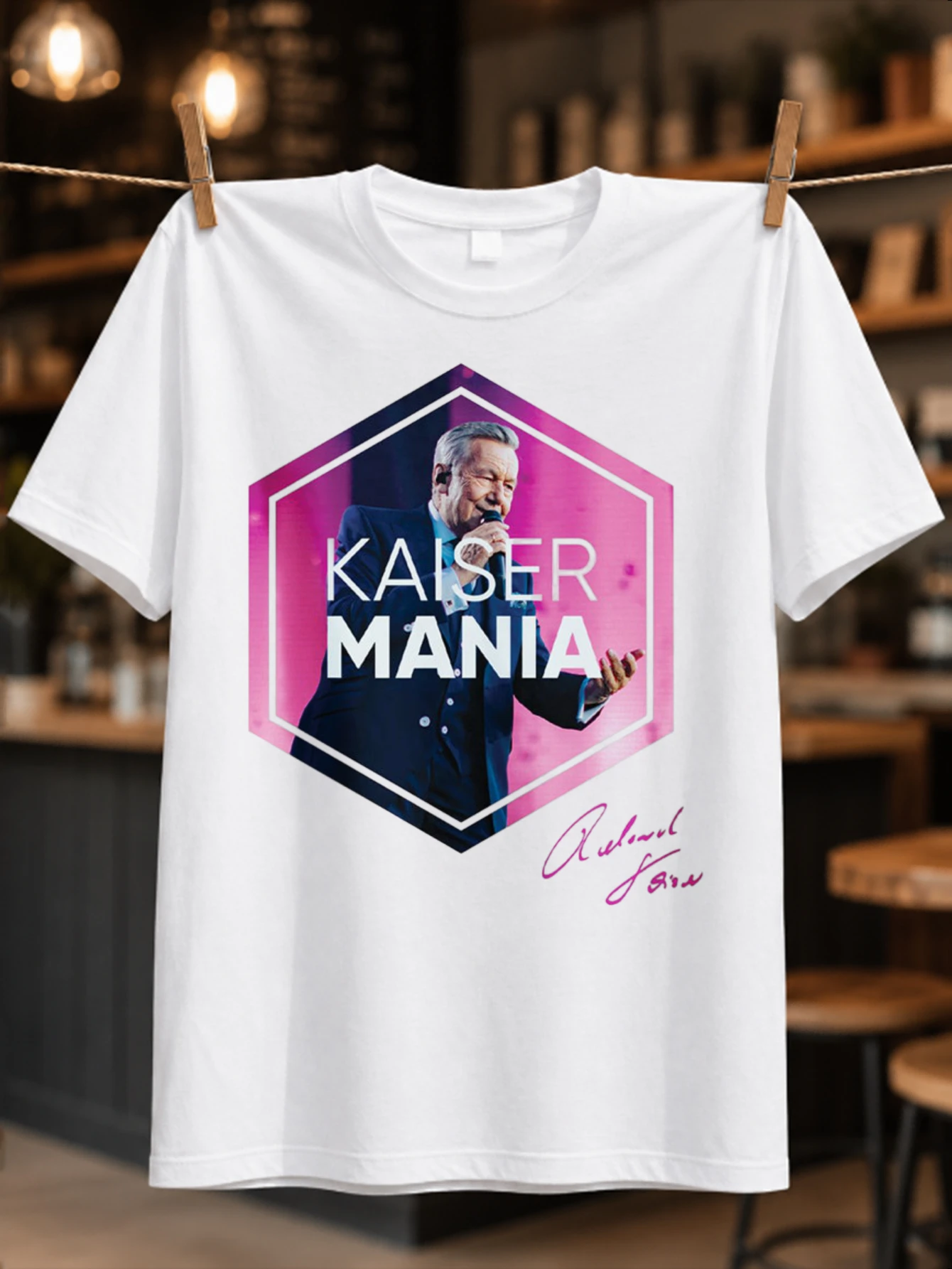 Kaiser Mania Singer Portrait pink hexagon concert stage graphic with signature retro music fan  Unisex All T-Shirt