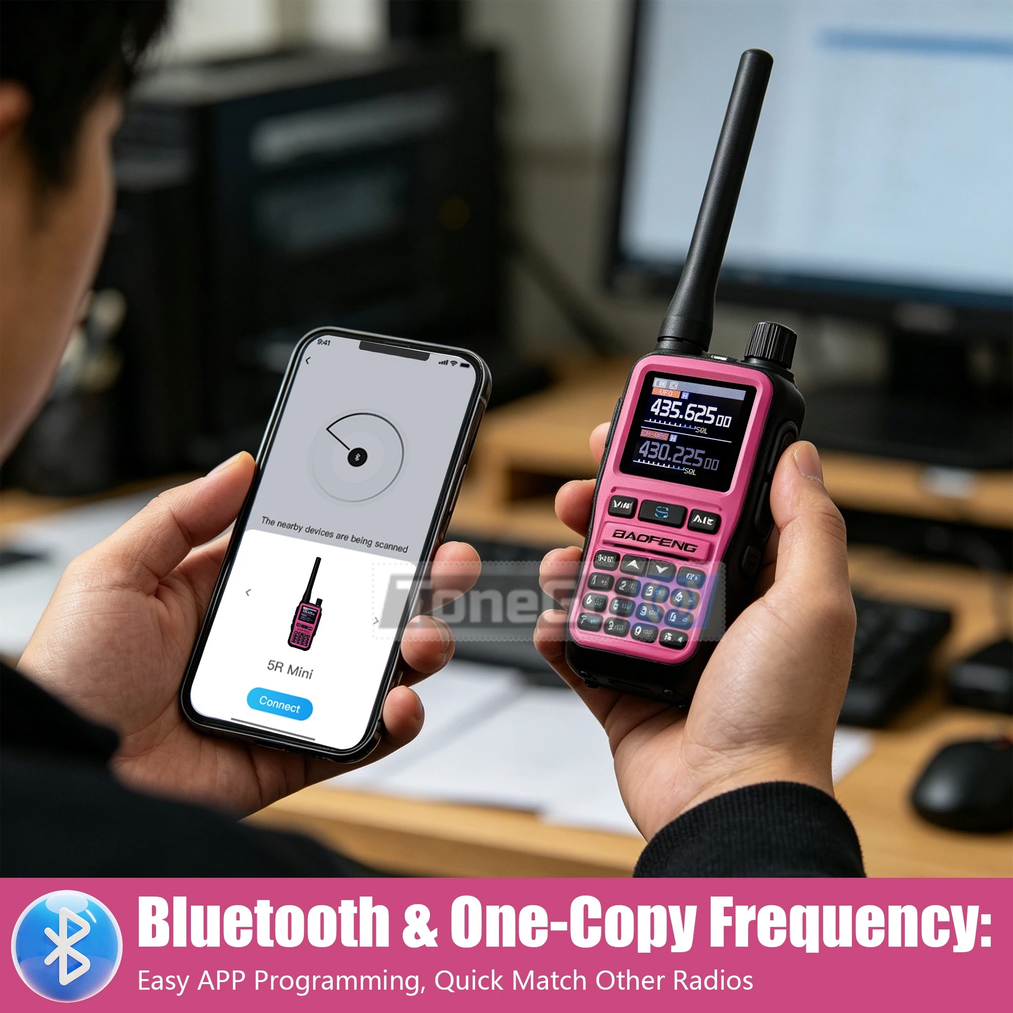 Baofeng UV 5R Mini Walkie Talkie Multi Band 999 Channels Bluetooth Program USB-C Charger PTT Large Screen Pink Ham Two Way Radio