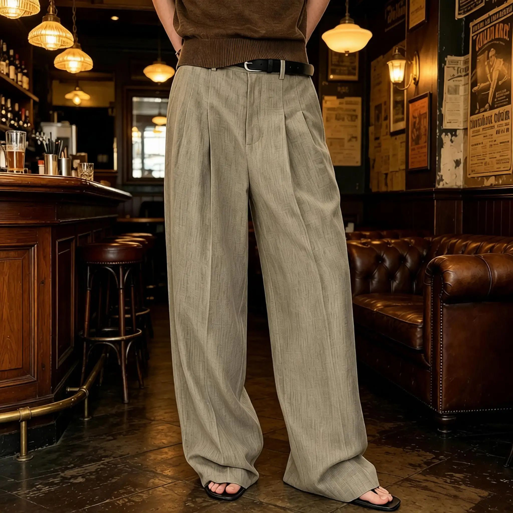 

Men's Linen Wide Leg Pants High Waist Pleated Casual Trousers Breathable Loose Straight Suit Pants Streetwear