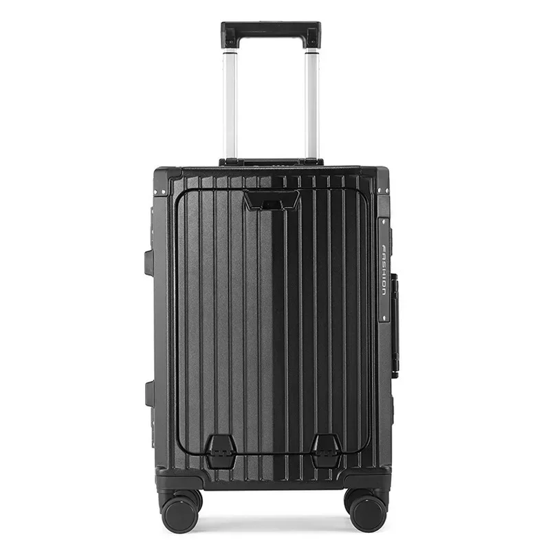 Aluminum Frame Suitcase Trolley Box Multifunctional Front Open Lid Travel Box Universal Wheel Luggage Folding Cup Holder 20 inch