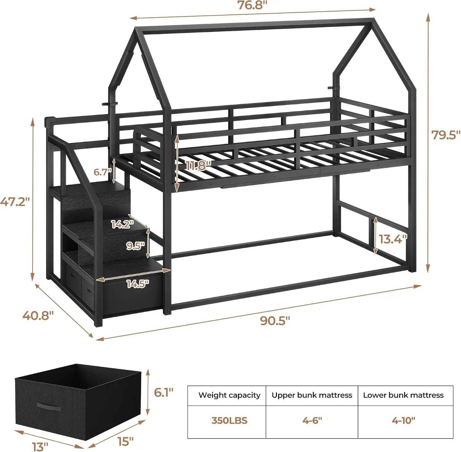 Twin Over Twin Metal Bunk Bed Storage Staircase Clothes Rack LED Two Drawers Full Length Guardrail No Box Spring Easy Assembly B