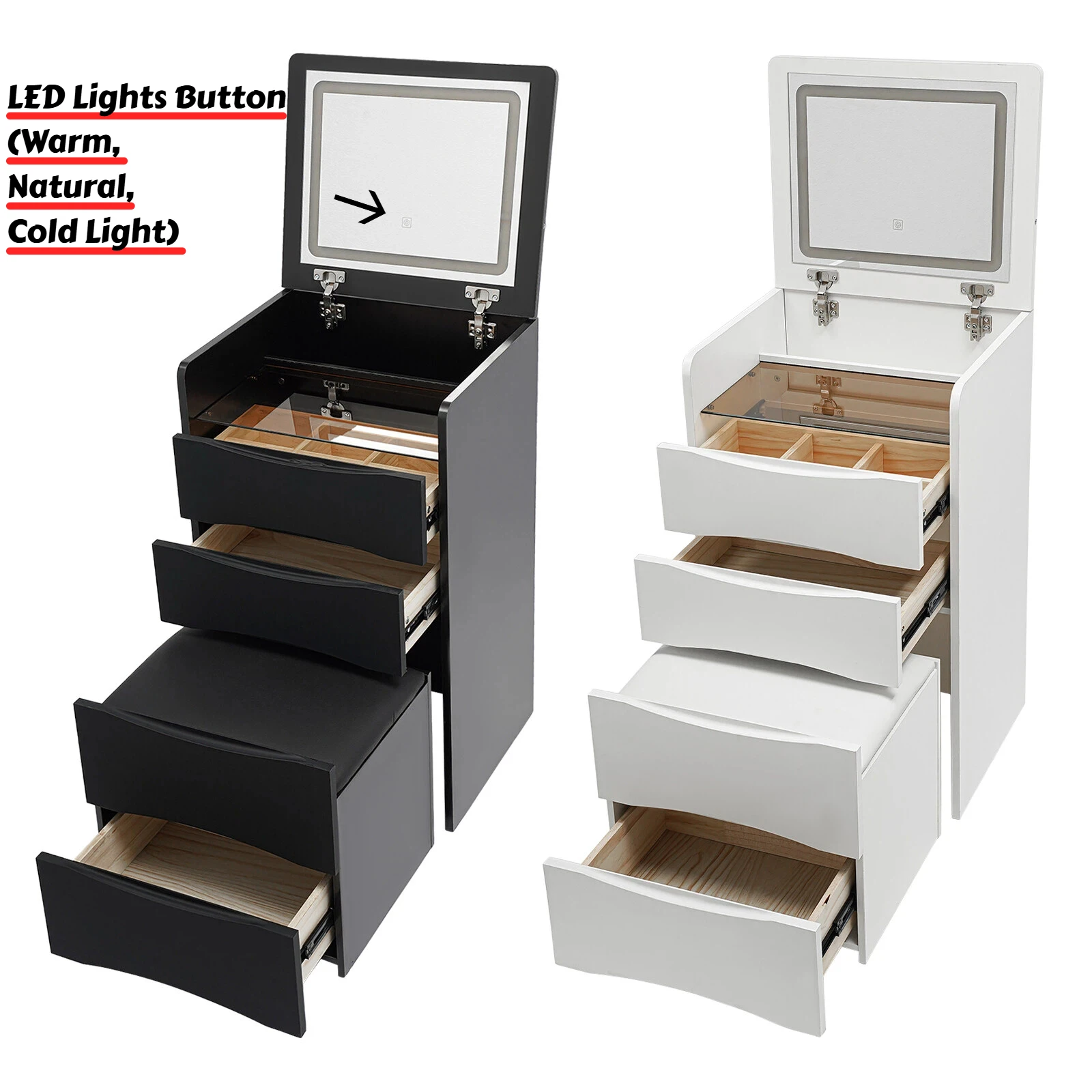 LED Lights Dressing Table Make up Cosmetic Table Pine Wood Vanity Desk Recessed Cabinet Bedroom Dresser Bedside Cabinet