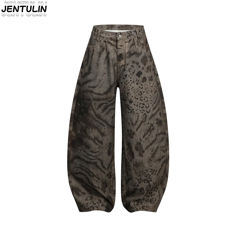 

Retro Tiger Leopard Curved Knife Jeans For Men Heavyweight Distressed Washed Loose Wide Leg Denim Pants Harajuku Workwear Pants