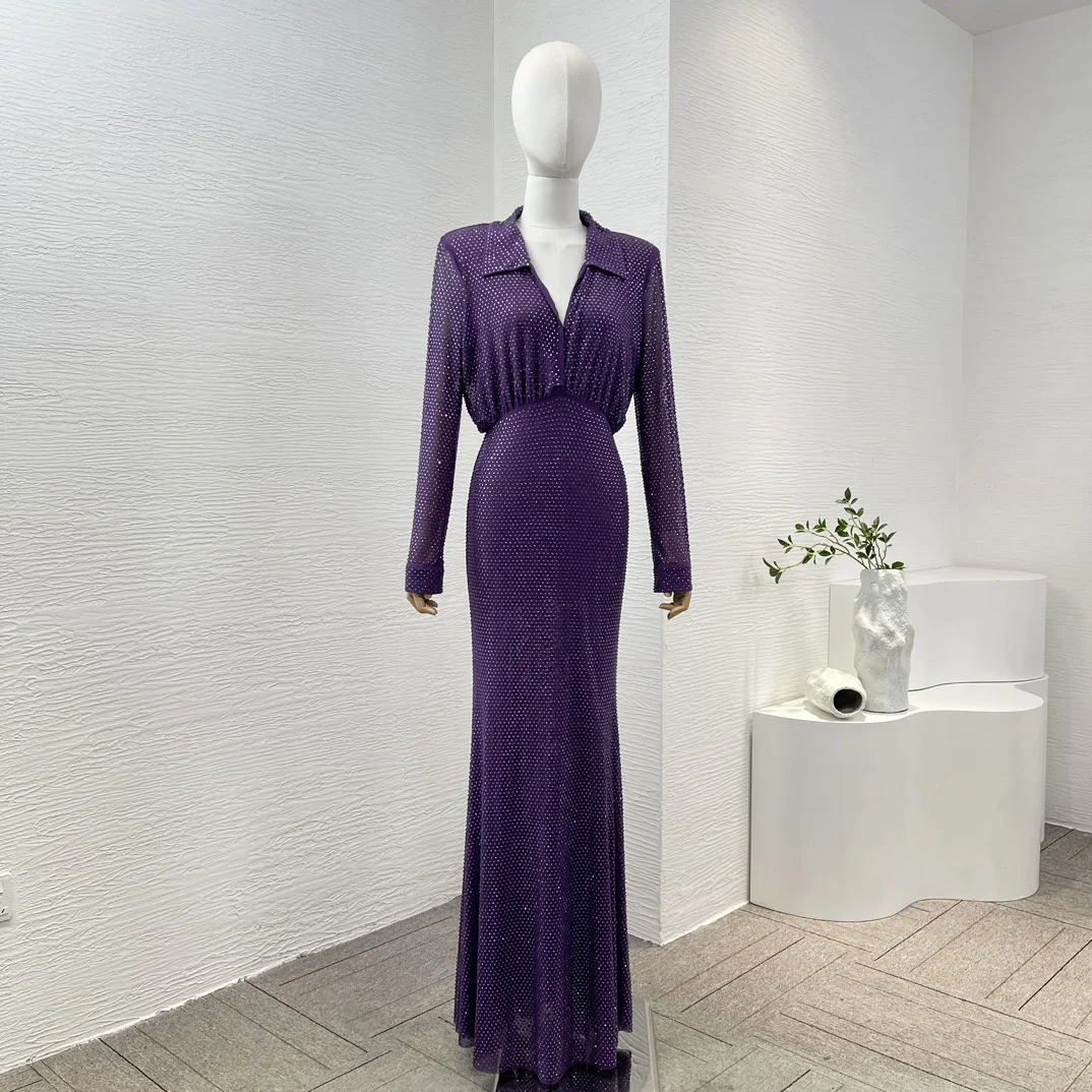 New Spring Summer Diamonds Violet Full Sleeve V-neck Graceful Luxury Women Clothing Evening Party Long Mermaid Dress