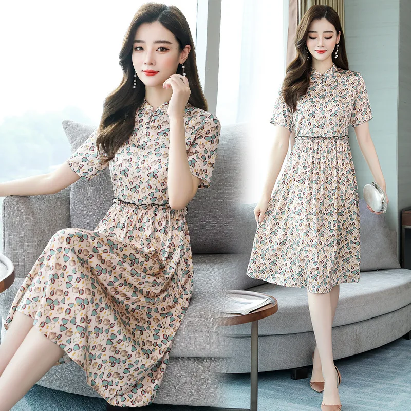 2287 Silk Dress New Elegant Skin Color Retro Improved Waist Trimming Printing Silk Cheongsam Dress