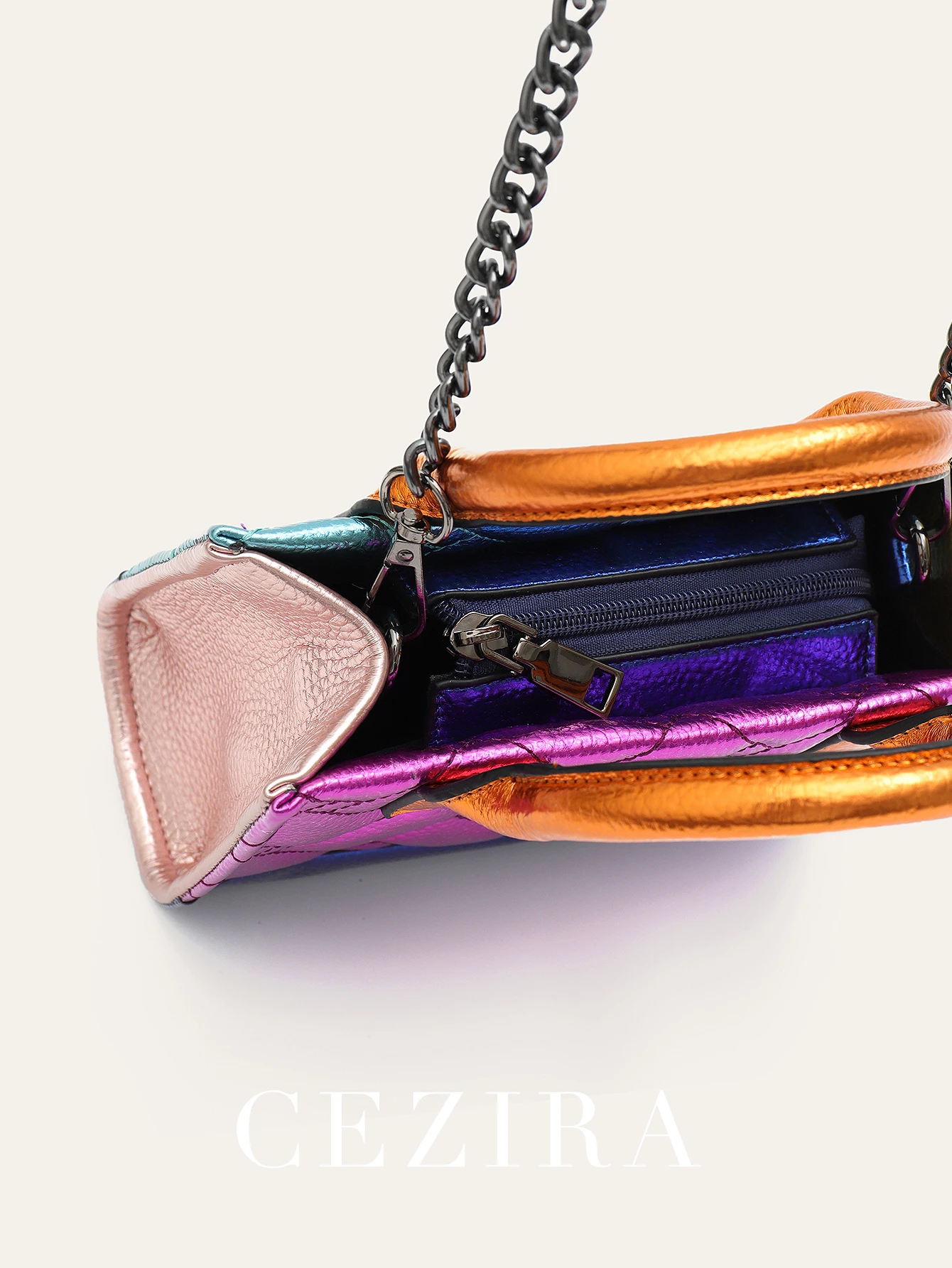 CEZIRA Women\'s Fashion Metallic Contrast Color PU Leather Handbag Two Sides Thread Top-handle Tote Adjustable Strap Shoulder Bag